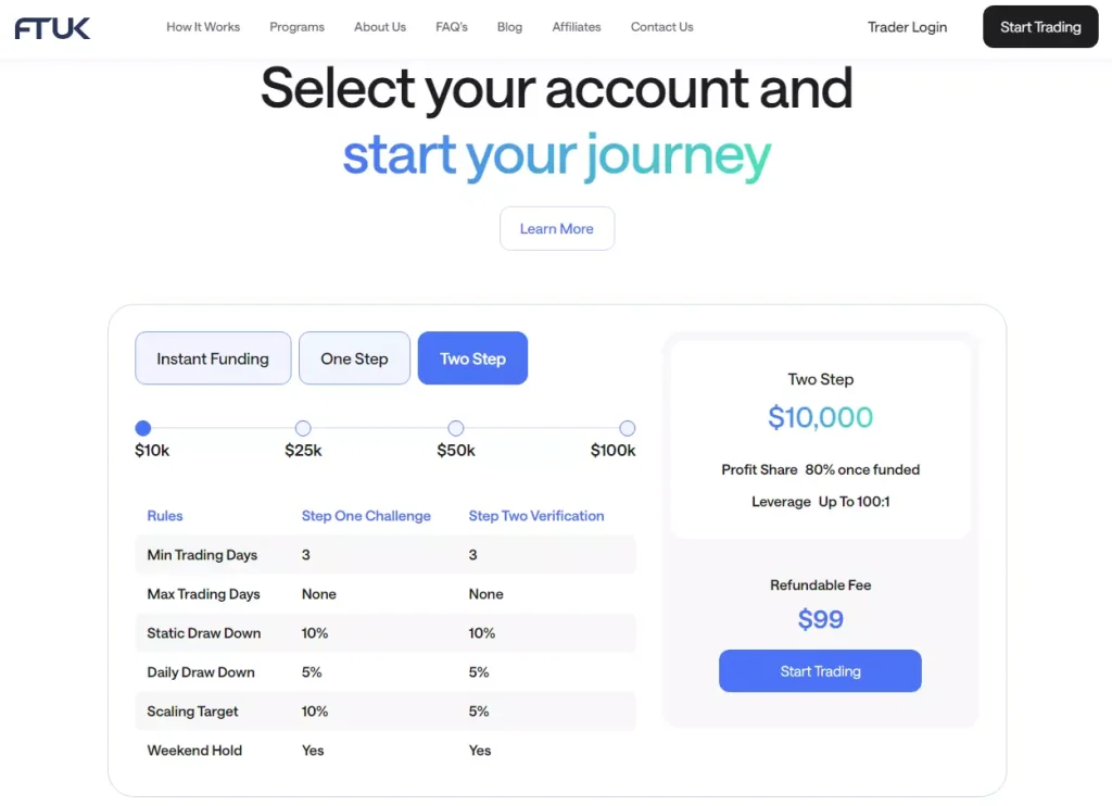 Sélectionner un compte FTUK Capture d'écran illustrant les types de comptes et les options de financement