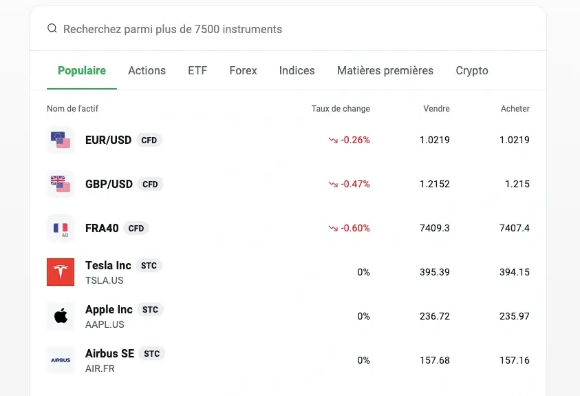 image liste des instruents de trading disponibles chez XTB
