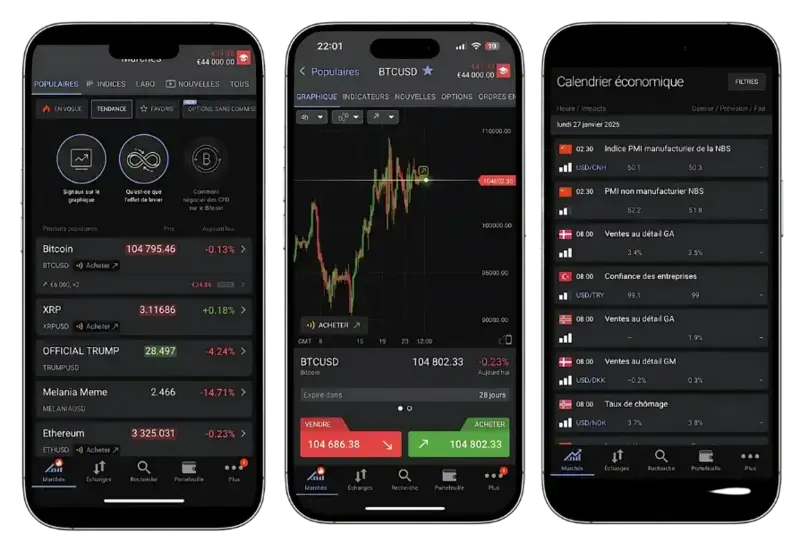 capture d'écran de l'application mobile Libertex, dashboard, analyse graphique et calendrier économique intégré