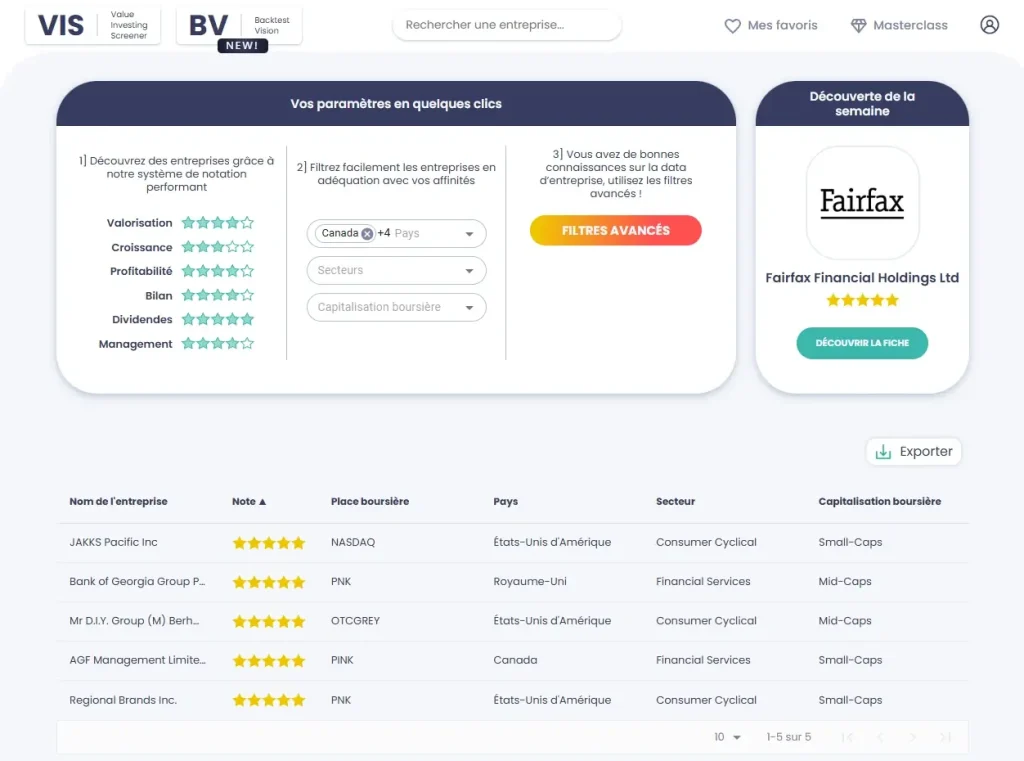 Interface du VIS montrant les filtres pour sélectionner des actions à fort rendement de dividende et critères de qualité