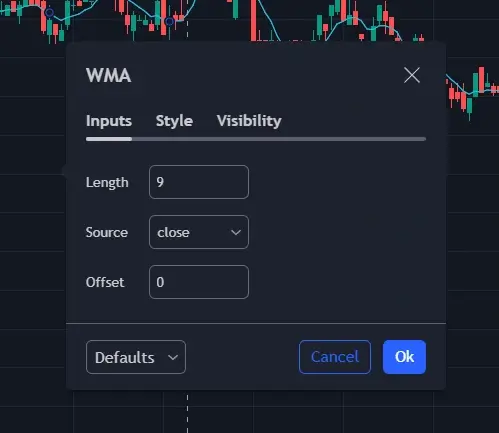 Configuration des paramètres de la moyenne mobile pondérée (WMA) sur TradingView