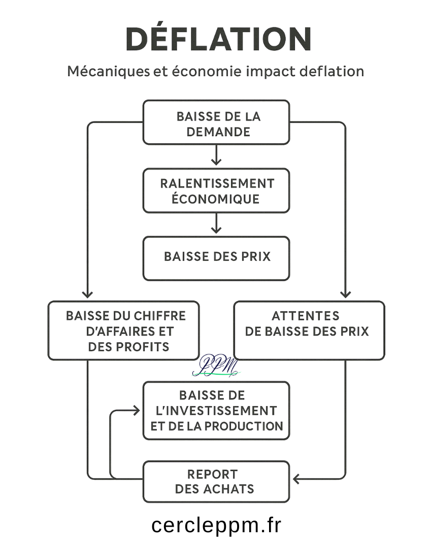 Schéma montrant le cycle auto-entretenu de la déflation avec les différentes étapes : baisse de la demande, ralentissement économique, baisse des prix, et les boucles de rétroaction
