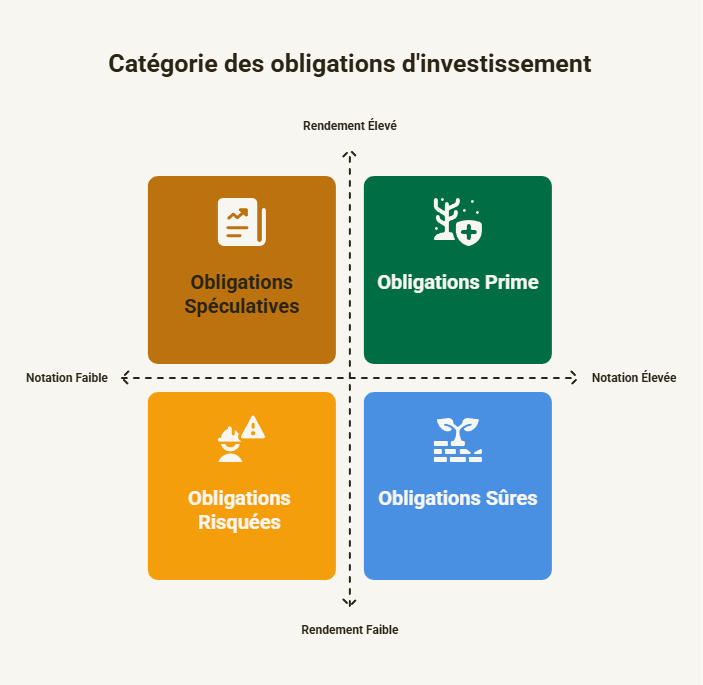 Matrice classifiant les obligations par notation et rendement : spéculatives, prime, risquées et sûres