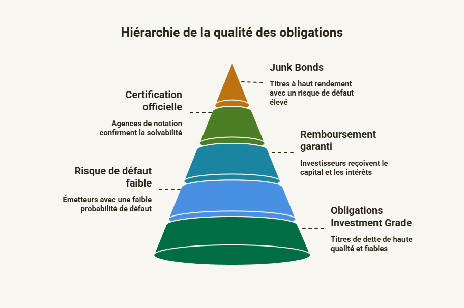 Pyramide illustrant la hiérarchie des obligations investment grade face aux junk bonds selon le risque de défaut