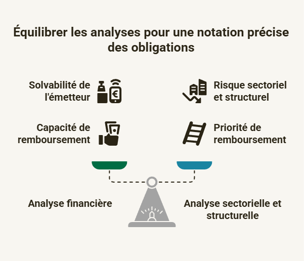 Balance illustrant les critères de notation d'obligation entre analyse financière et analyse sectorielle