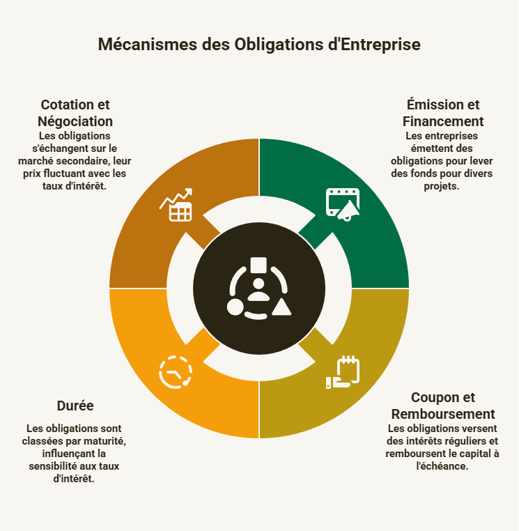 Infographie mécanismes obligation d'entreprise émission coupon remboursement durée