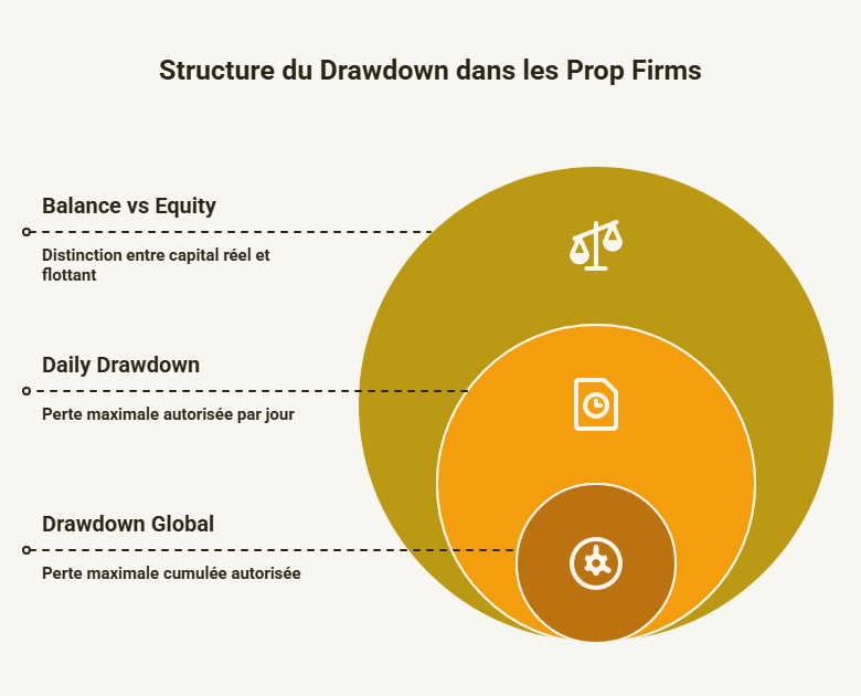 Structure du drawdown dans les prop firms – global, daily, balance vs equity structure drawdown prop firm drawdown global daily balance equity